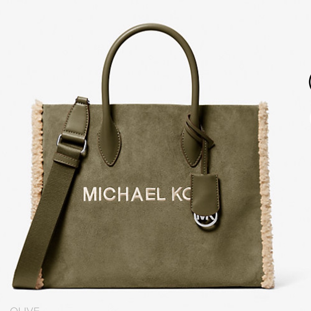 MICHAEL KORS Mirella Medium Suede and Faux Shearling Tote Bag
Olive 
NWT - Picture 3 of 16